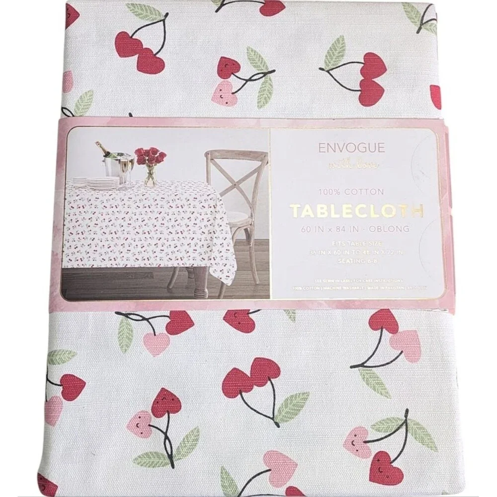 Envogue Shabby Chic Hearts‎ And Cherries Design Cotton Tablecloth 60x84in Oblong